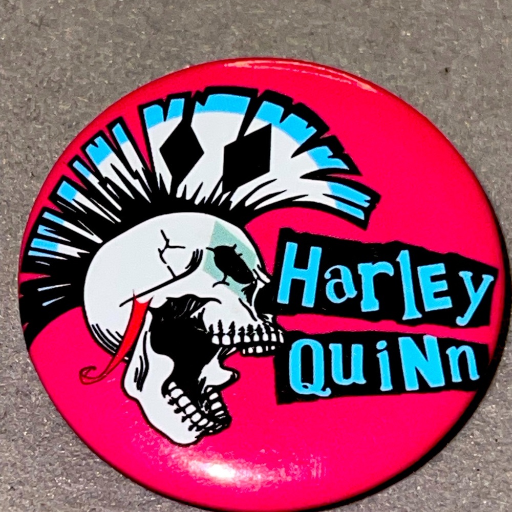 Harley Quinn Skull with Mohawk Pink Button Pin. New